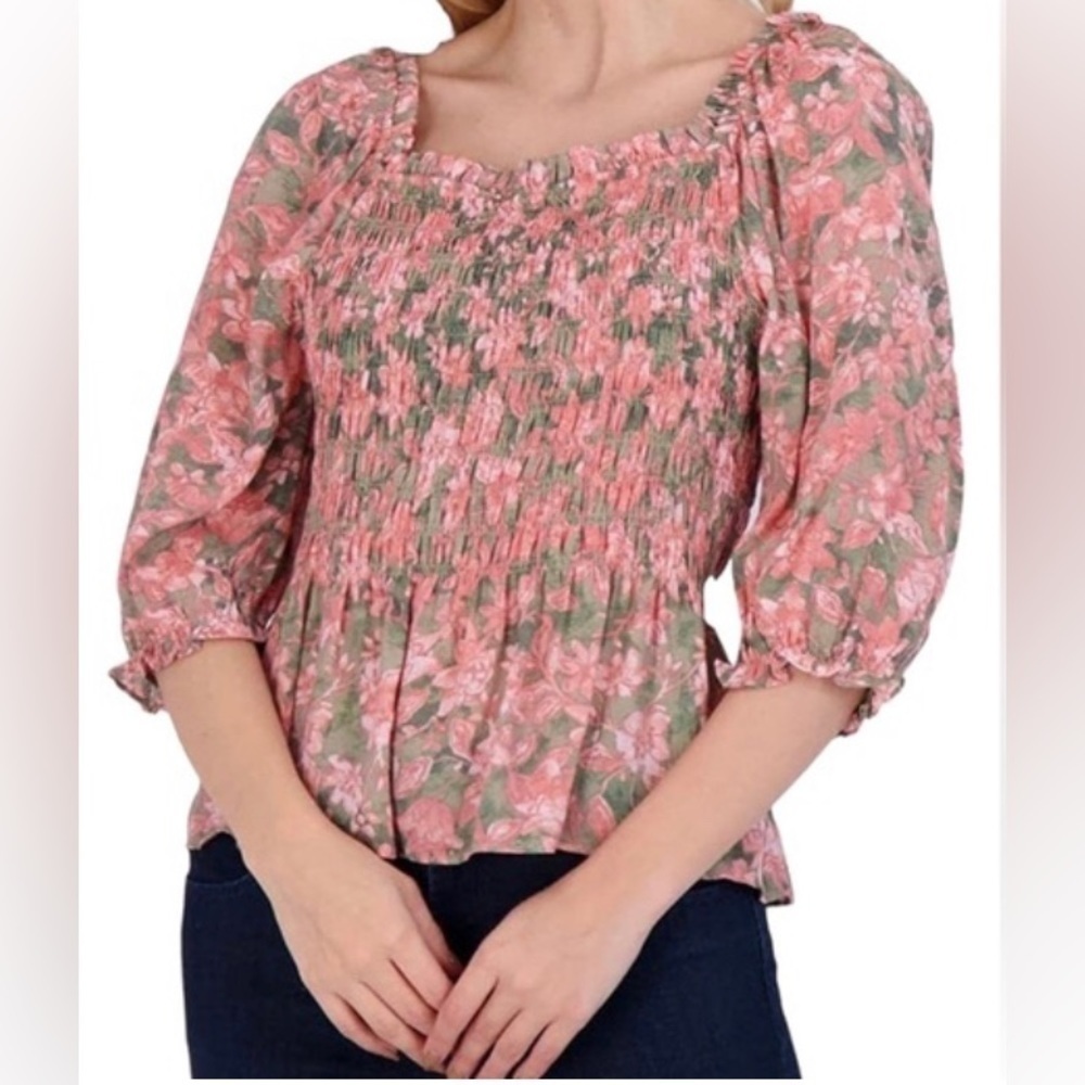 NWT Nanette Lepore Women's Smocked Floral Print Ruffled Top with Elbow Sleeves
